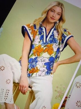 🧡 Hello Gorgeous! Umgee Floral Print Blouse with Contrast Trim - Blue Mix